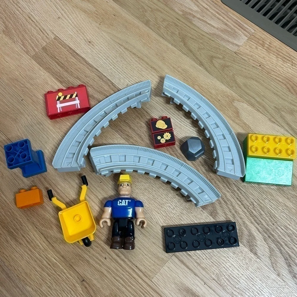 Cat Worker Mega Bloks Building Pieces Wheel Barrel Train Track Kids Toy